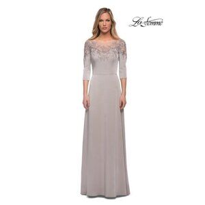 La Femme Womens Size 4 Silver 29227 Embroidered Illusion Neck Gown $469 New